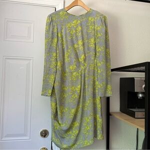 HUNTER DIXON grey yellow floral silk long sleeve midi sheath shift dress